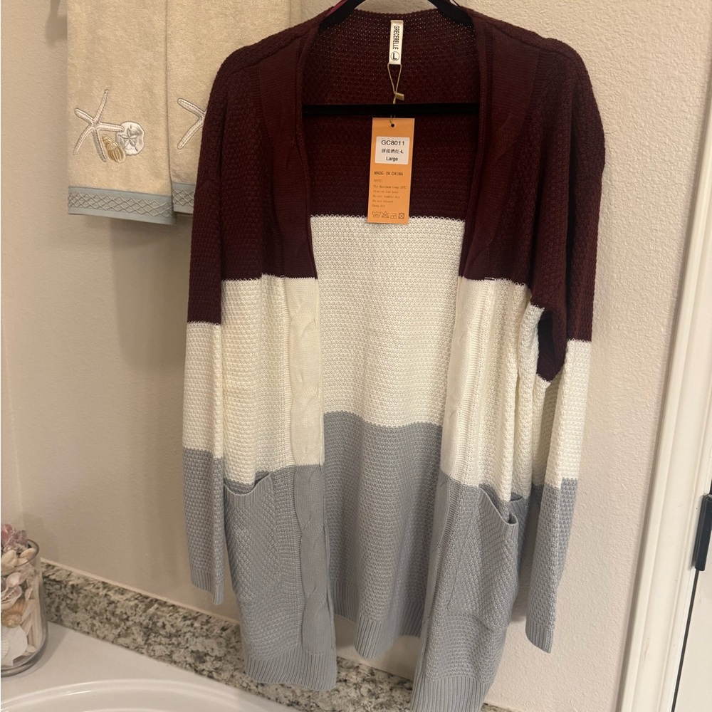 Gibson Burgundy and Gray Open Front Cardigan